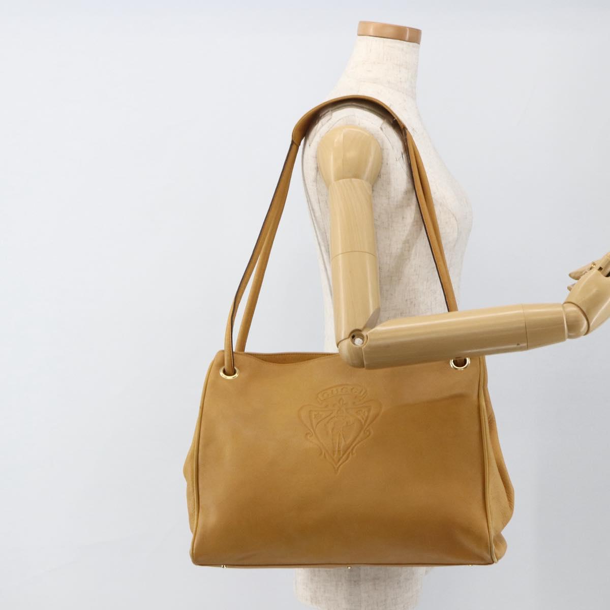 GUCCI Tote Bag Leather Beige Gold Auth 173893