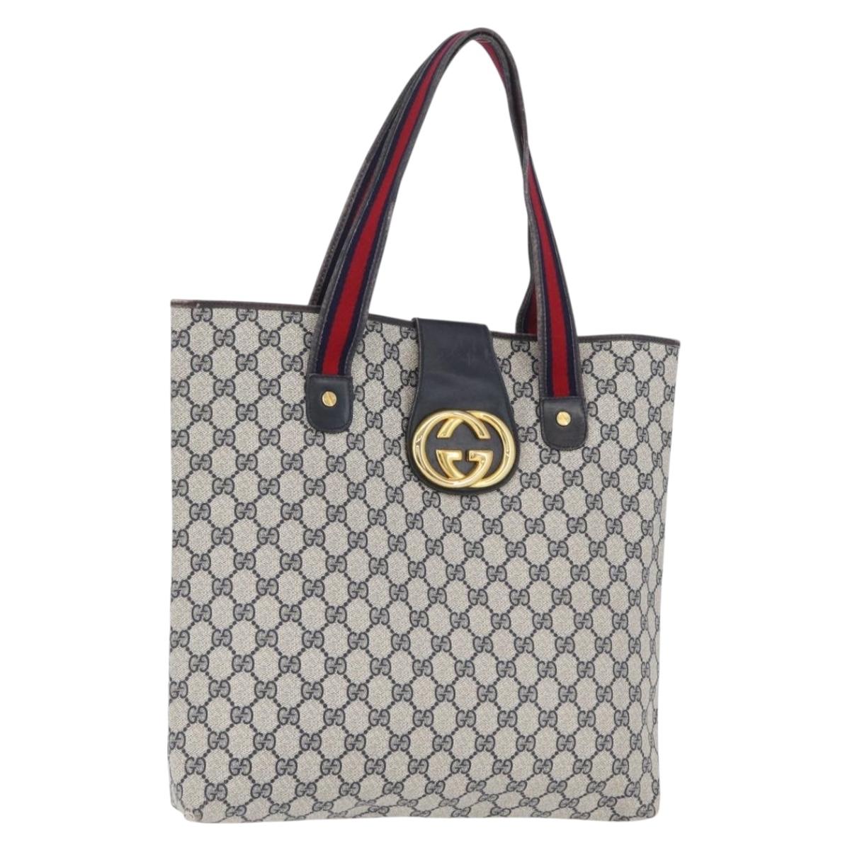 GUCCI GG Supreme Sherry Line Tote Bag PVC Navy Gold Auth 173904