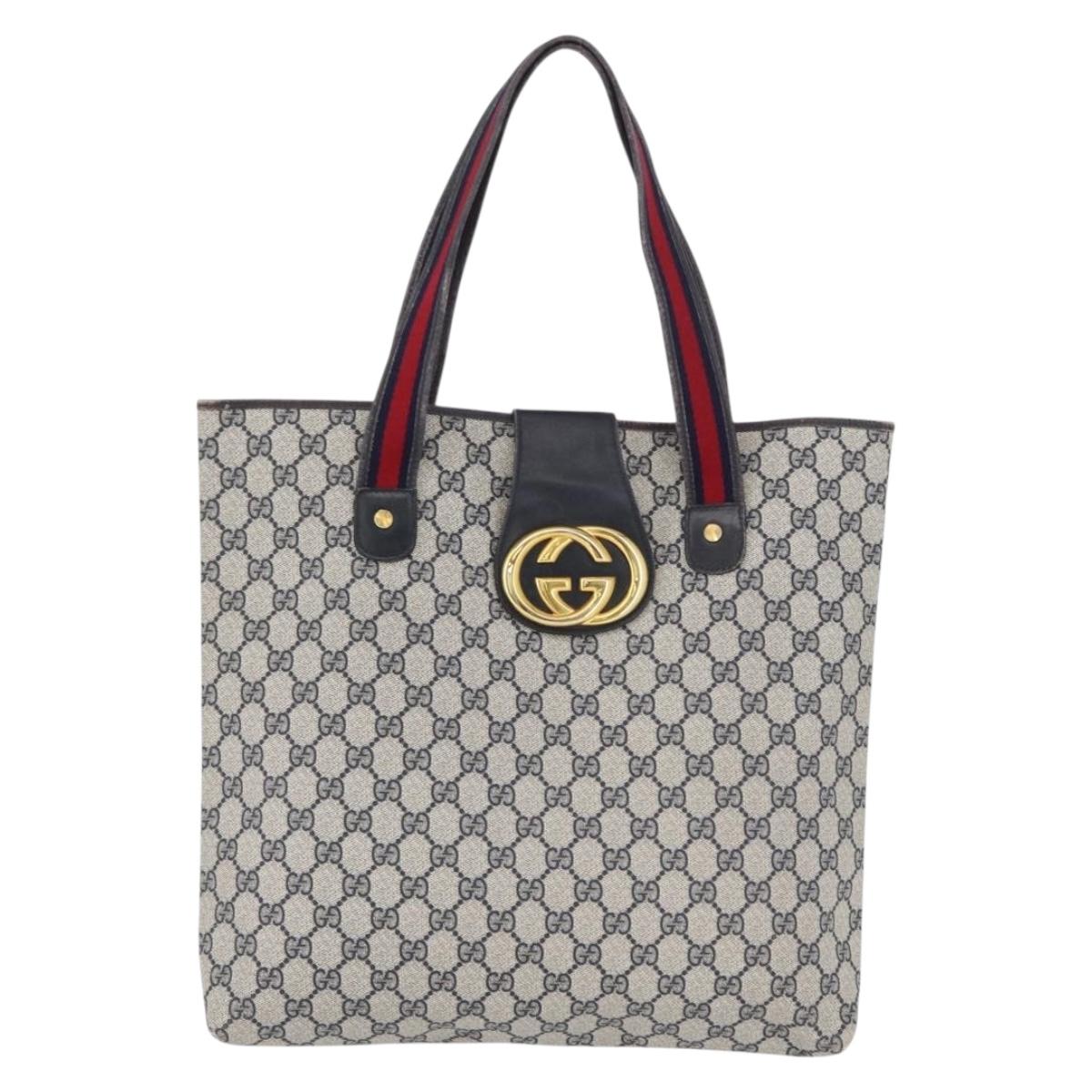 GUCCI GG Supreme Sherry Line Tote Bag PVC Navy Gold Auth 173904