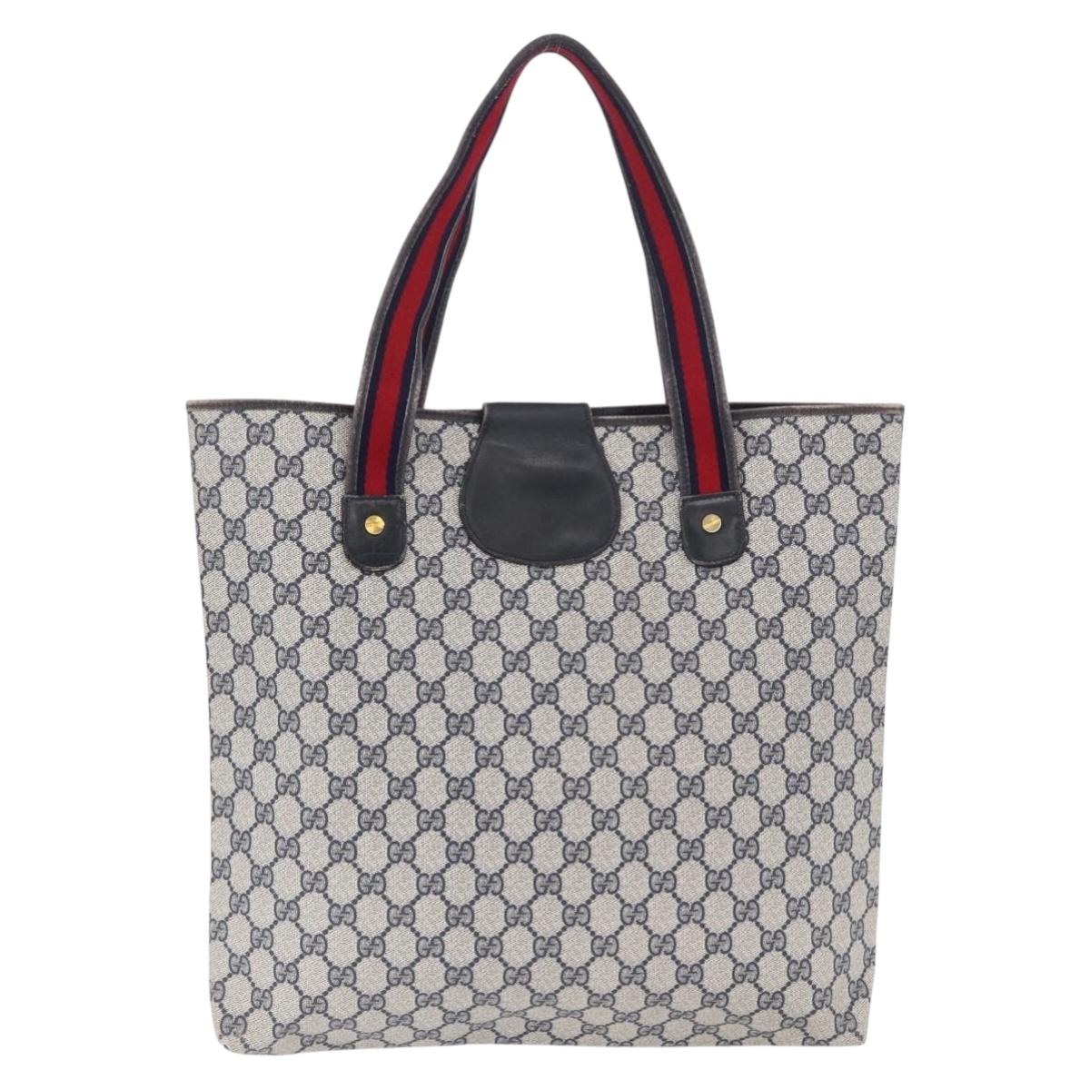 GUCCI GG Supreme Sherry Line Tote Bag PVC Navy Gold Auth 173904