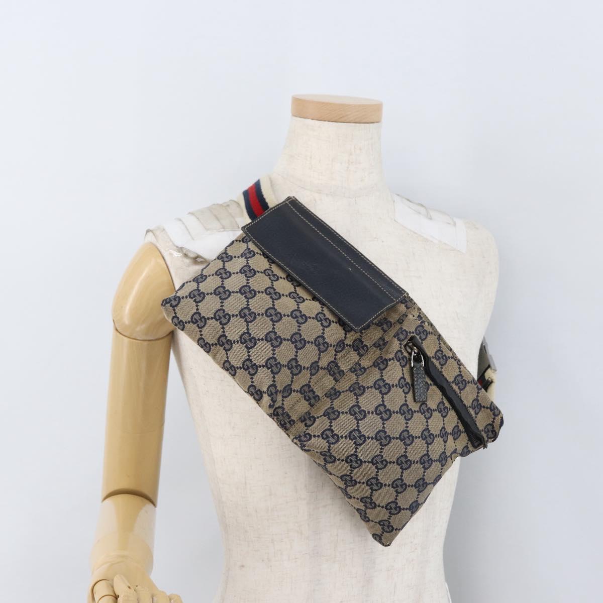 GUCCI GG Canvas Sherry Line Waist bag Navy Silver Red 28566 Auth 173931