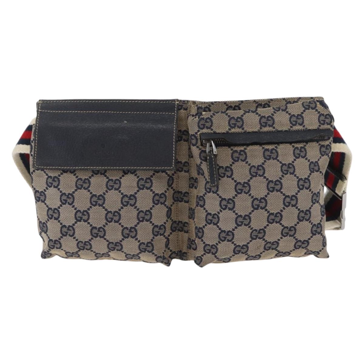 GUCCI GG Canvas Sherry Line Waist bag Navy Silver Red 28566 Auth 173931