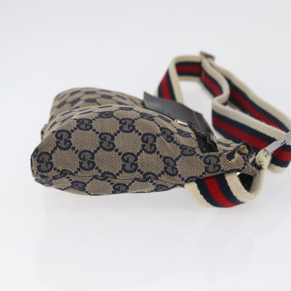 GUCCI GG Canvas Sherry Line Waist bag Navy Silver Red 28566 Auth 173931