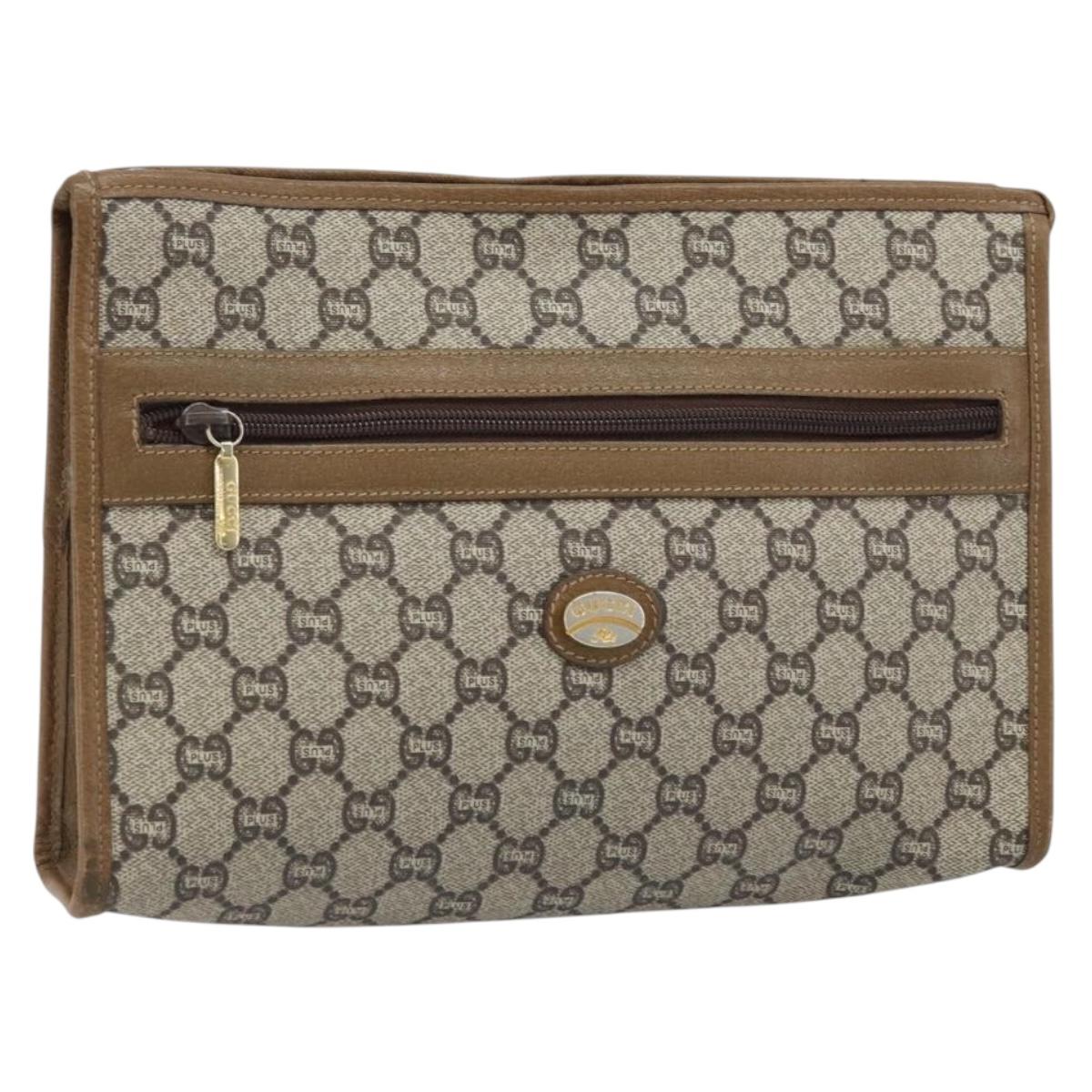 GUCCI GG Plus Supreme Clutch Bag PVC Beige Gold Auth 173932