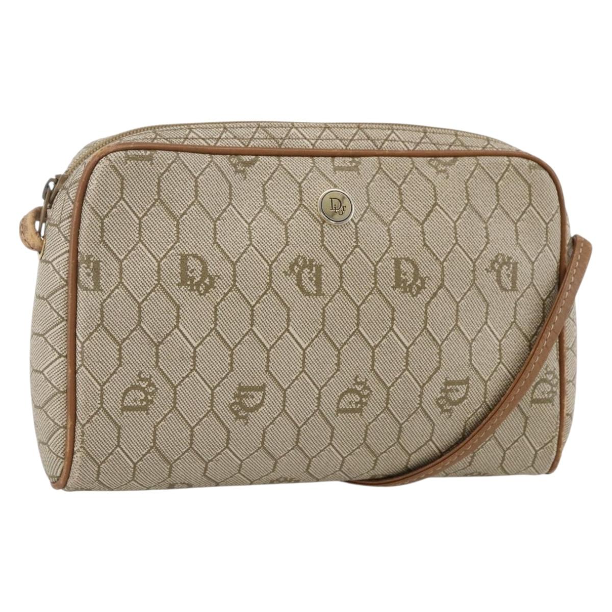 Christian Dior Honeycomb Canvas Shoulder Bag PVC Beige Gold Auth 173969