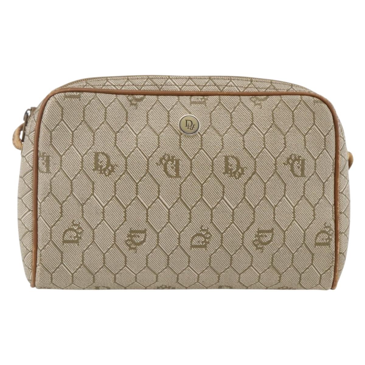 Christian Dior Honeycomb Canvas Shoulder Bag PVC Beige Gold Auth 173969