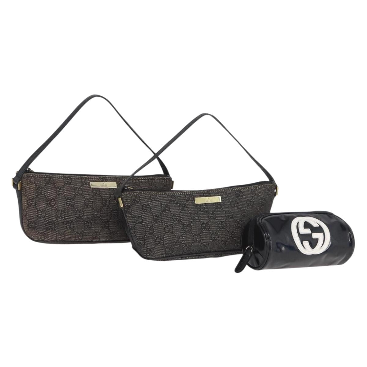 GUCCI GG Canvas Accessory Pouch Patent leather 3 Set Black Auth 173975