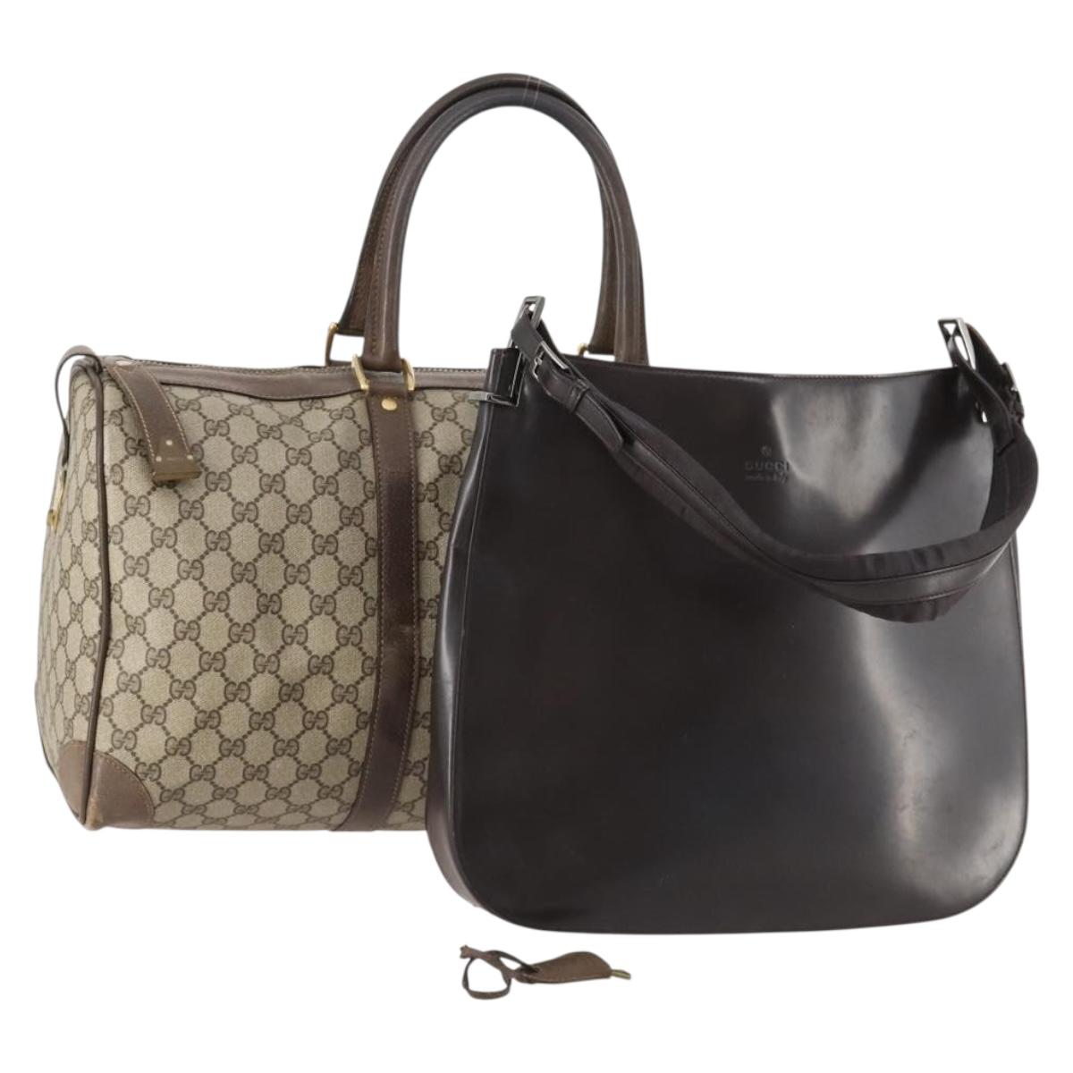 GUCCI GG Supreme Hand Bag Leather 2 Set Black Beige Auth 173983