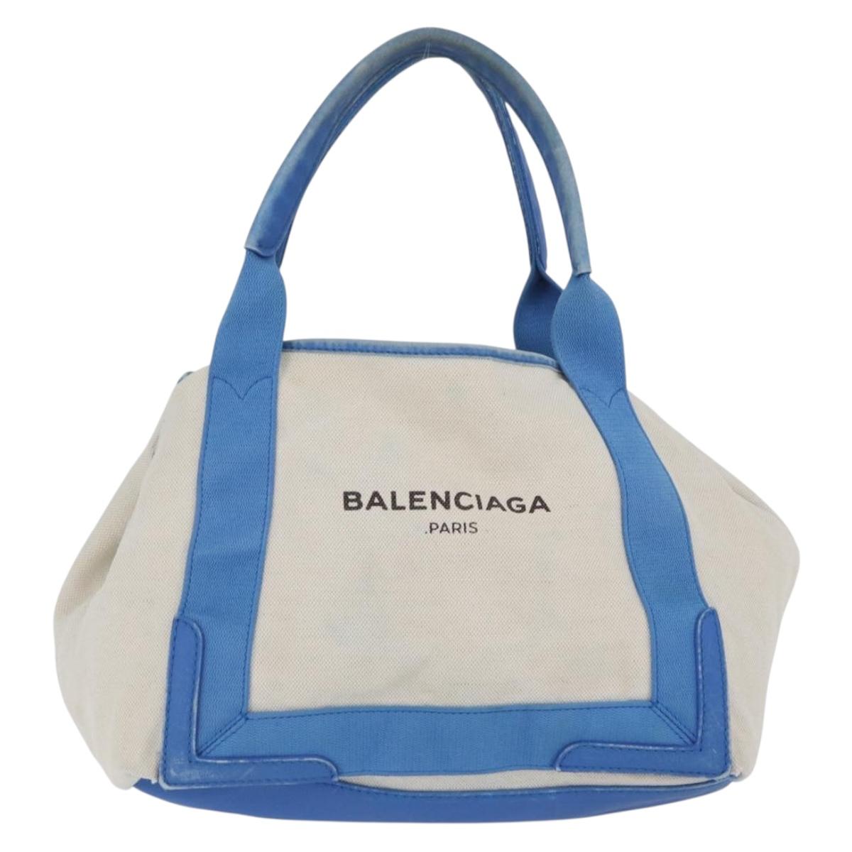 BALENCIAGA Cabas Bag Canvas Leather Light Beige Light Blue 339933 Auth 173988