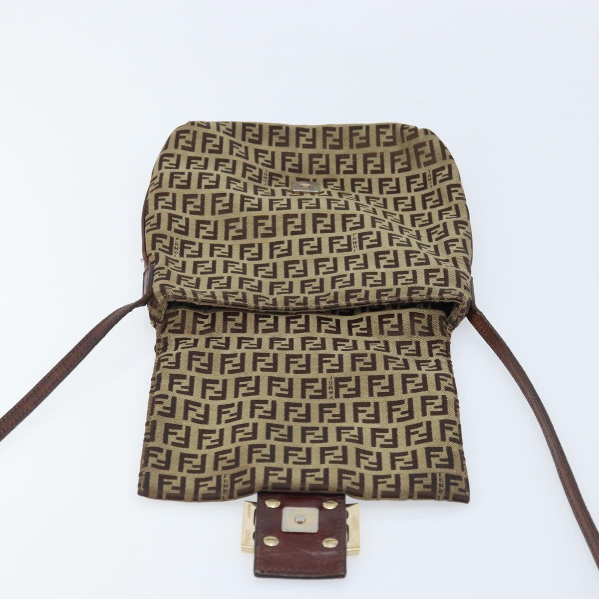 FENDI Zucchino Canvas Shoulder Bag Beige Gold Auth 173996