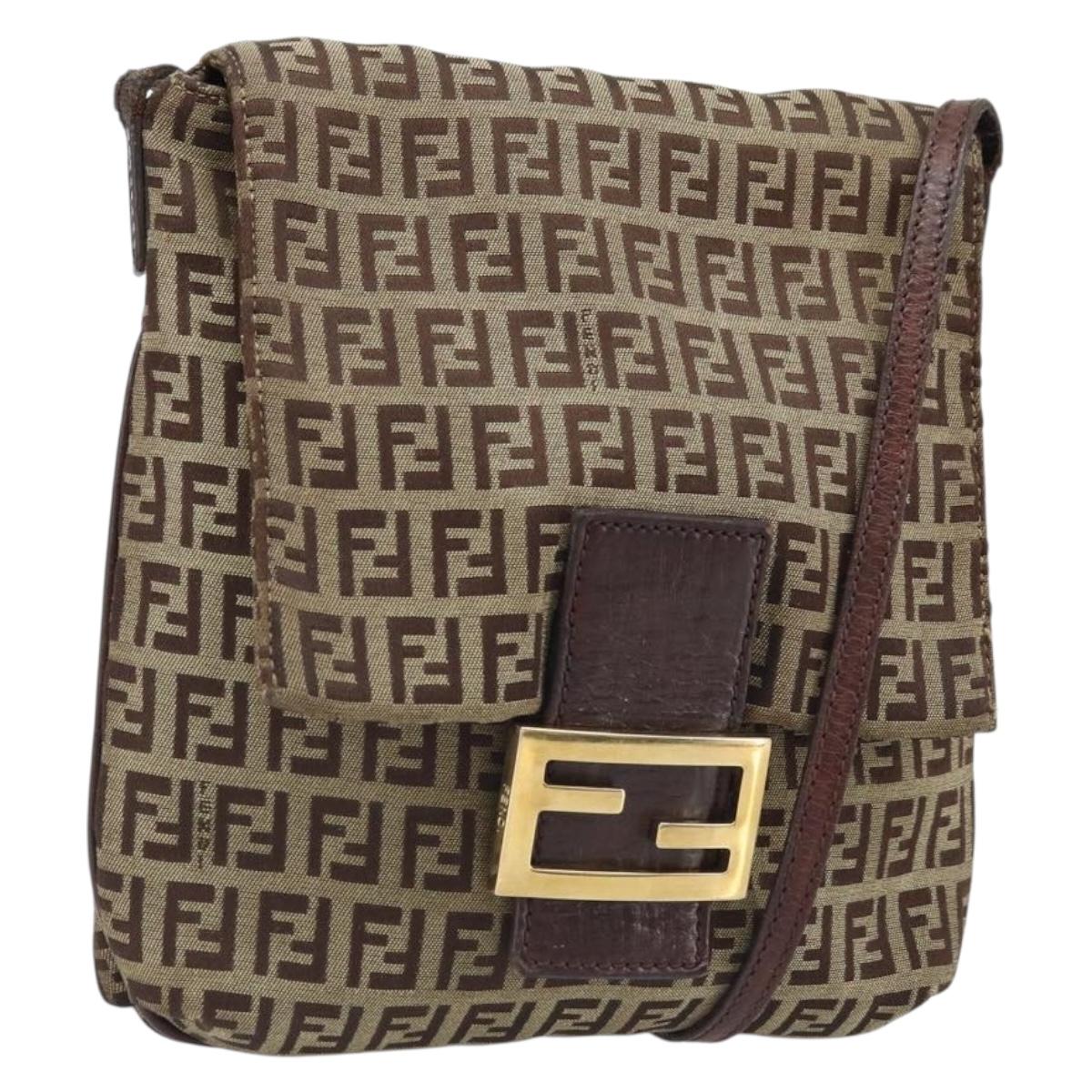 FENDI Zucchino Canvas Shoulder Bag Beige Gold Auth 173996