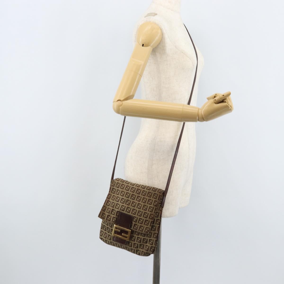 FENDI Zucchino Canvas Shoulder Bag Beige Gold Auth 173996