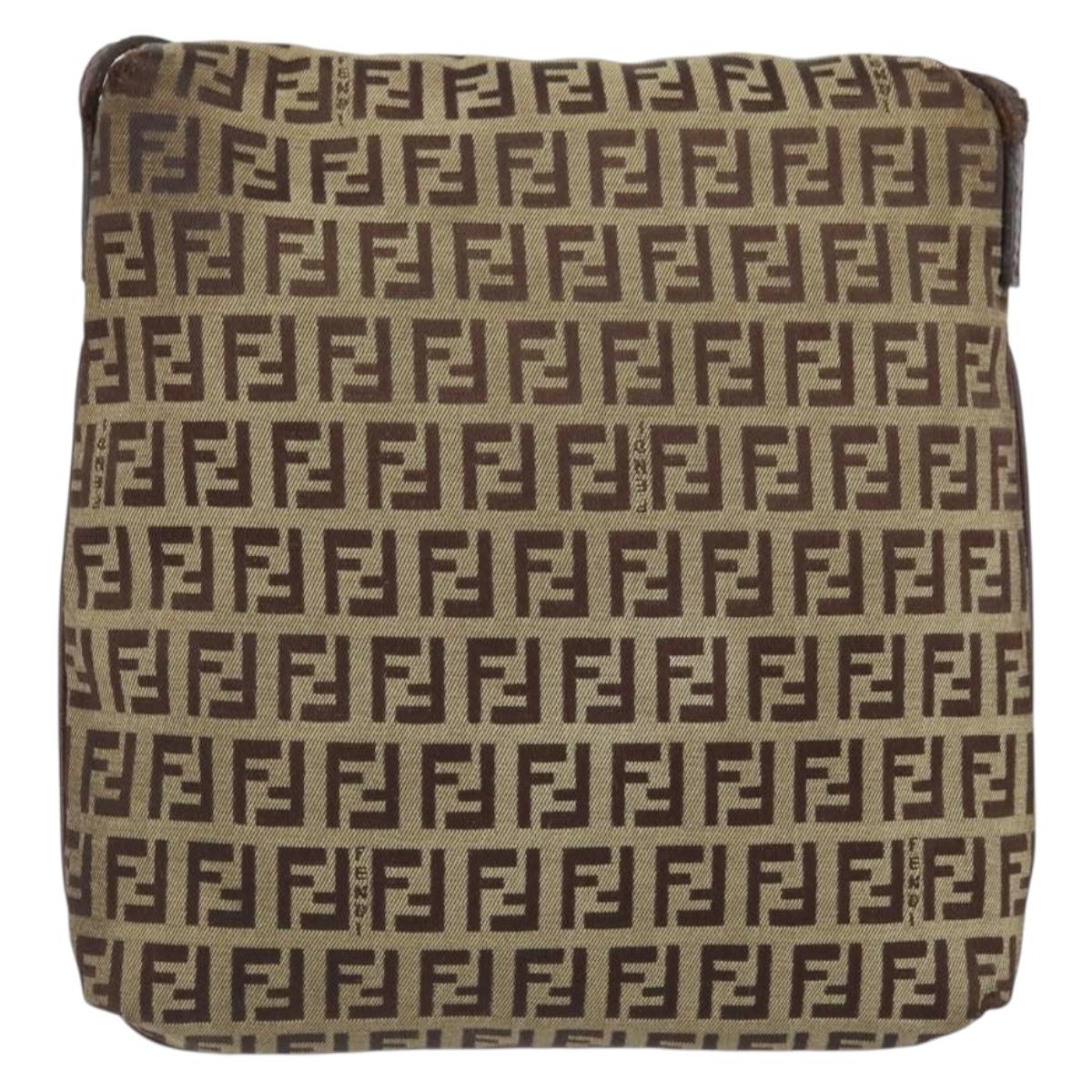 FENDI Zucchino Canvas Shoulder Bag Beige Gold Auth 173996