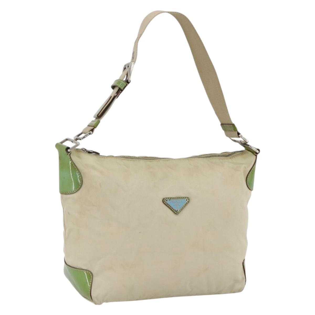 PRADA Shoulder Bag Nylon Beige Green Silver Auth 173997