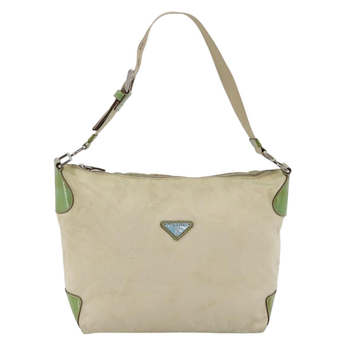 PRADA Shoulder Bag Nylon Beige Green Silver Auth 173997