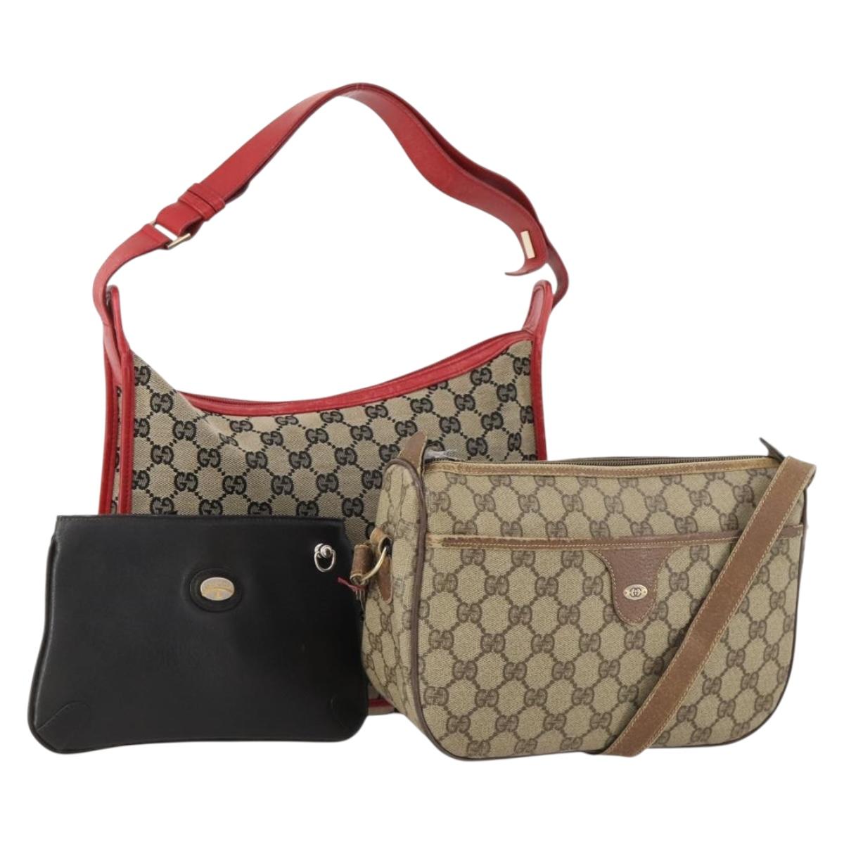 GUCCI GG Supreme Pouch Shoulder Bag Leather 3 Set Black Beige Auth 174008