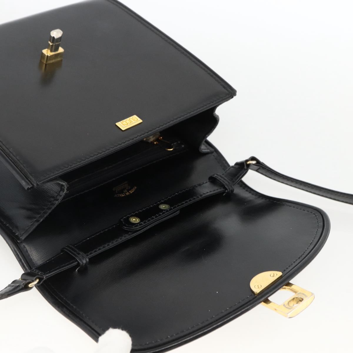 GUCCI Shoulder Bag Leather Black Gold Auth 174014