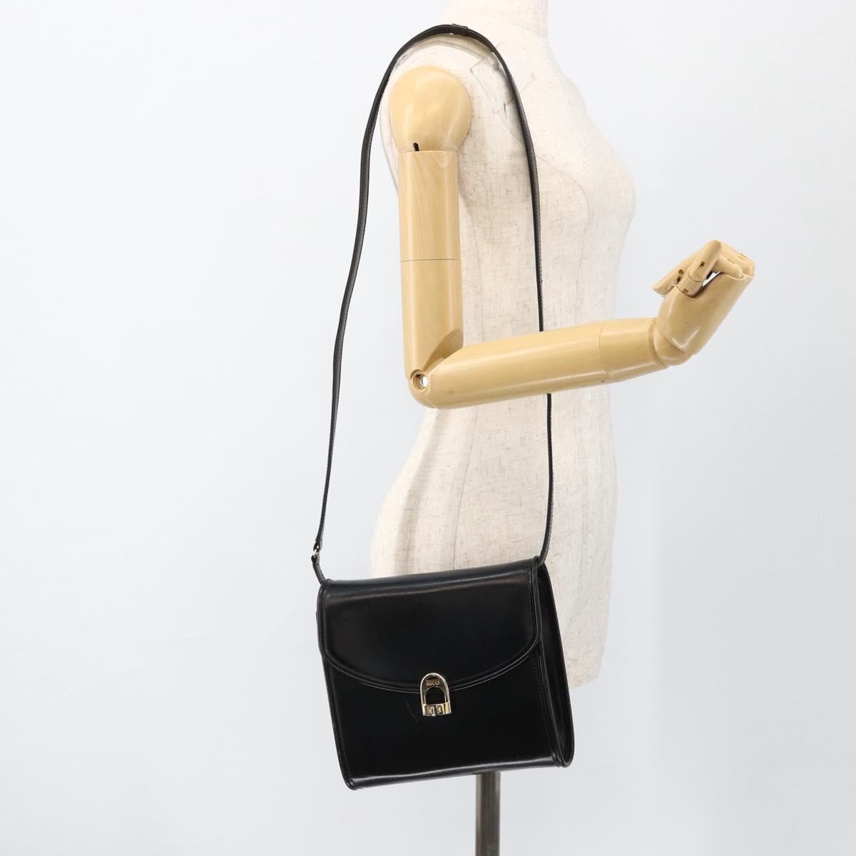 GUCCI Shoulder Bag Leather Black Gold Auth 174014