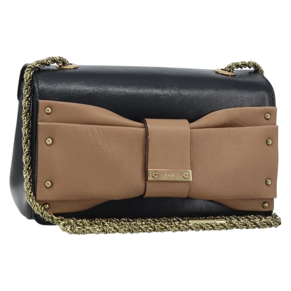 Chloe Ribbon Chain Hand Bag Leather Black Gold Auth 174022A