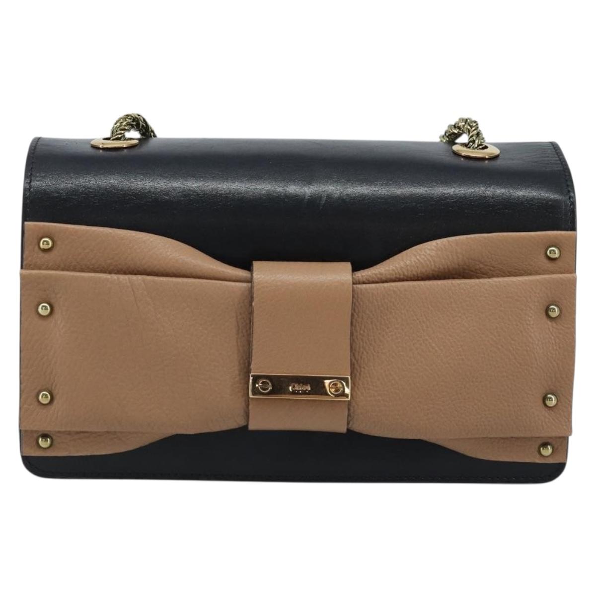 Chloe Ribbon Chain Hand Bag Leather Black Gold Auth 174022A