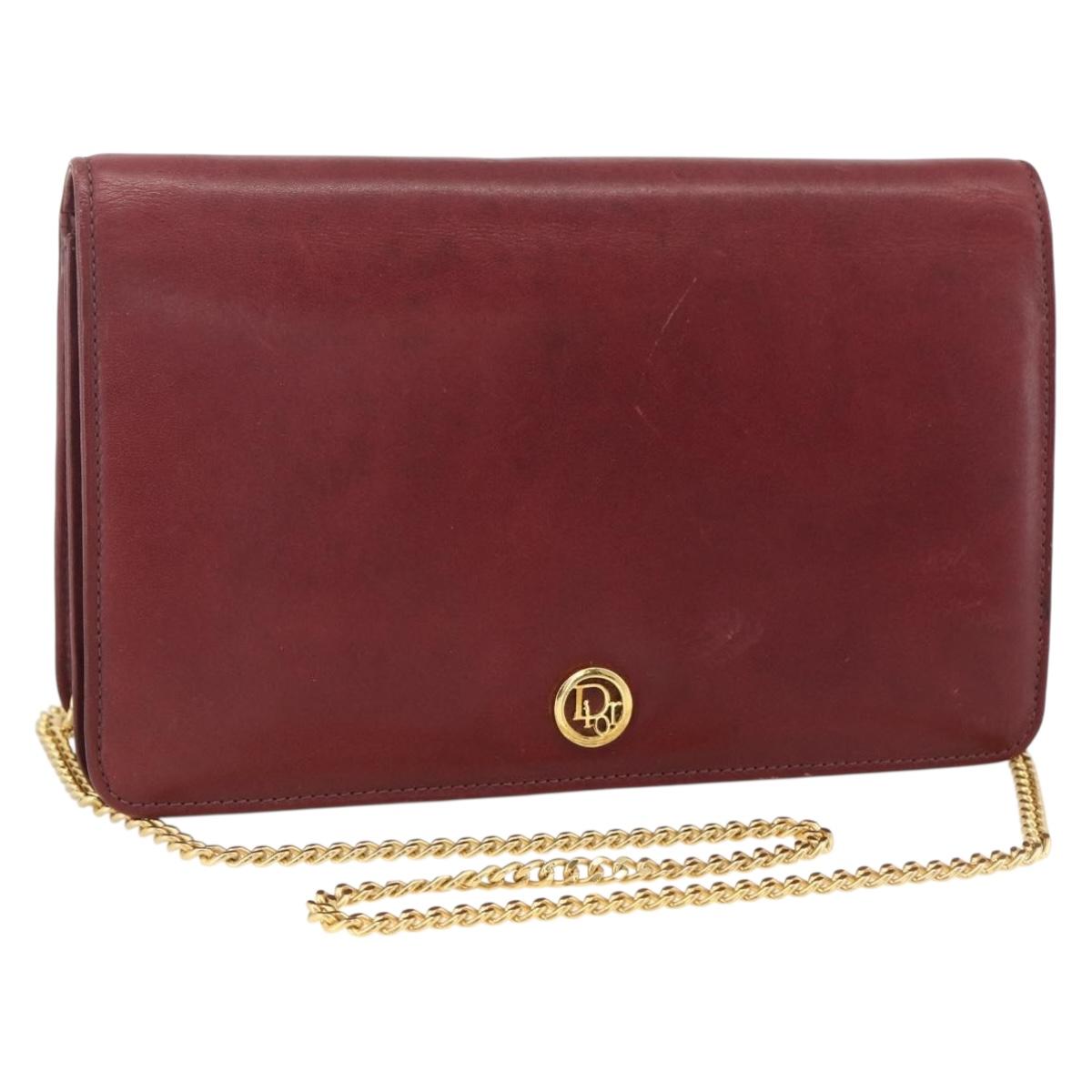 Christian Dior Chain Shoulder Bag Leather Bordeaux Gold Auth 174046A
