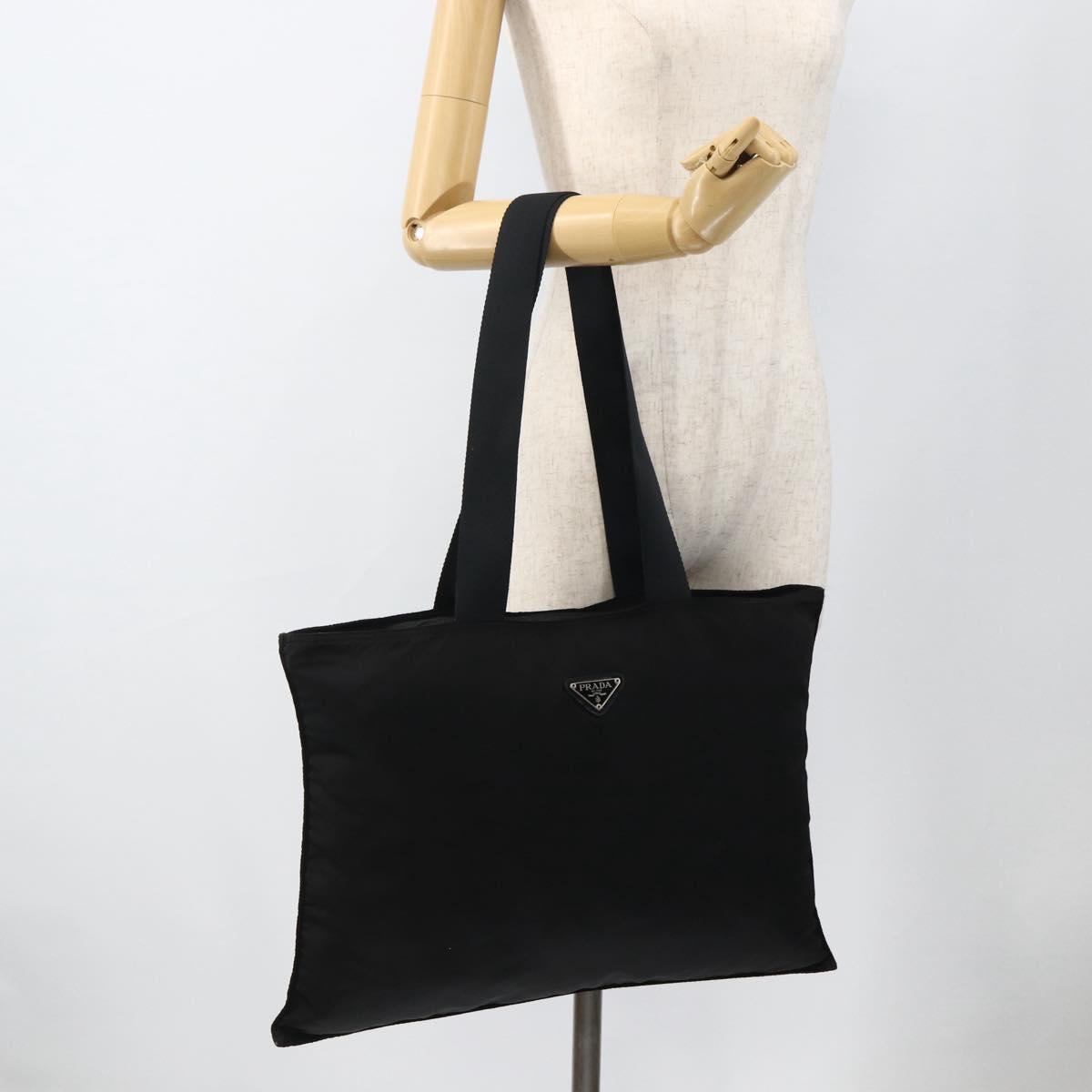 PRADA Tote Bag Nylon Black Silver Auth 174049