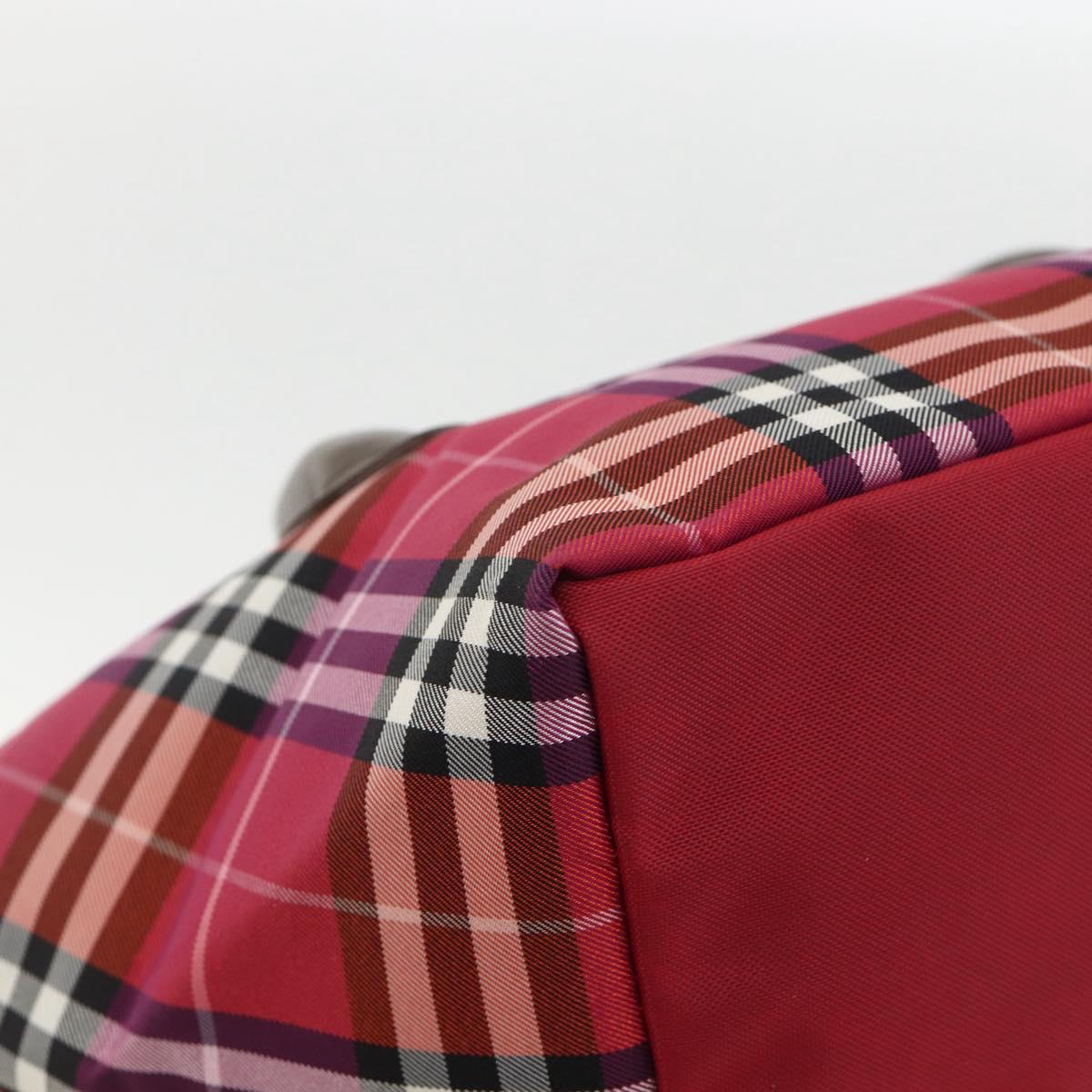 BURBERRY Nova Check Blue Label Hand Bag Nylon Leather Red Silver Auth 174065A