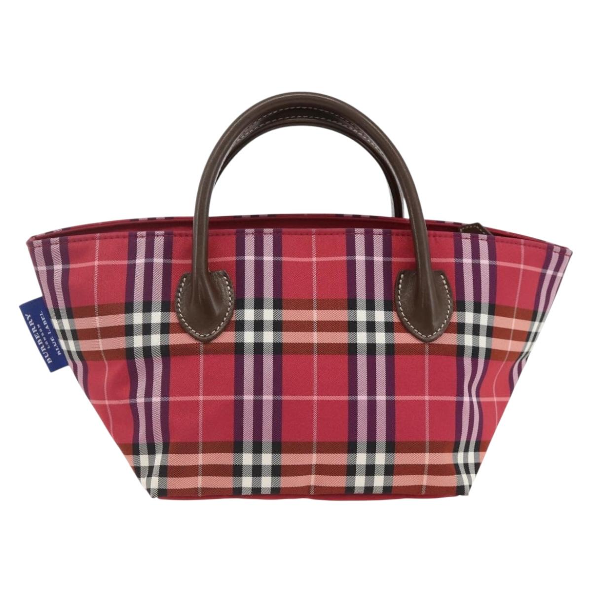 BURBERRY Nova Check Blue Label Hand Bag Nylon Leather Red Silver Auth 174065A