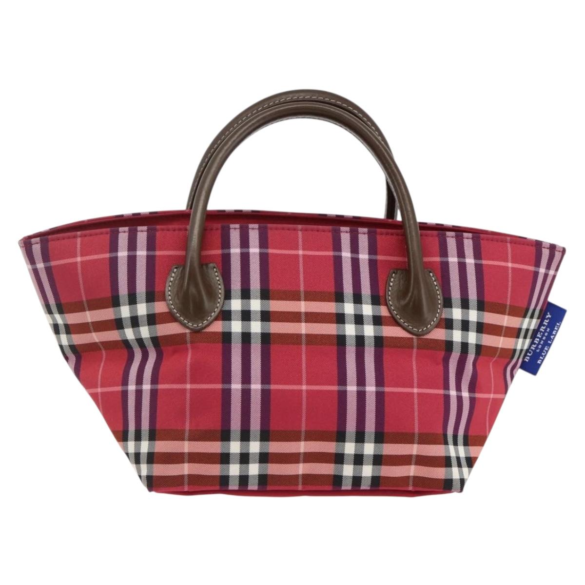 BURBERRY Nova Check Blue Label Hand Bag Nylon Leather Red Silver Auth 174065A