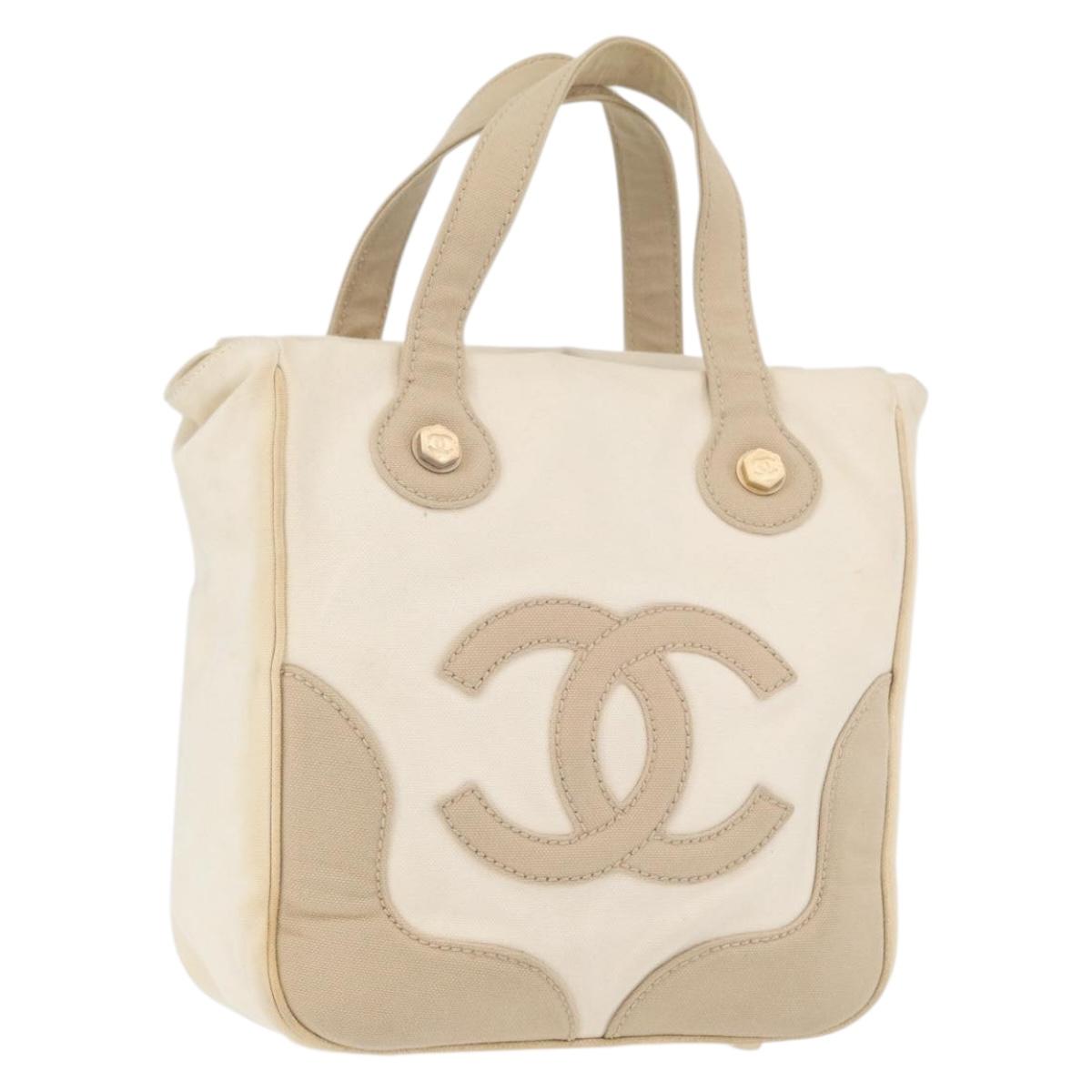 CHANEL Hand Bag Canvas Beige Cream CC Auth 174069A