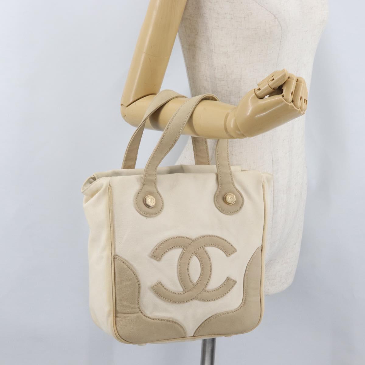 CHANEL Hand Bag Canvas Beige Cream CC Auth 174069A