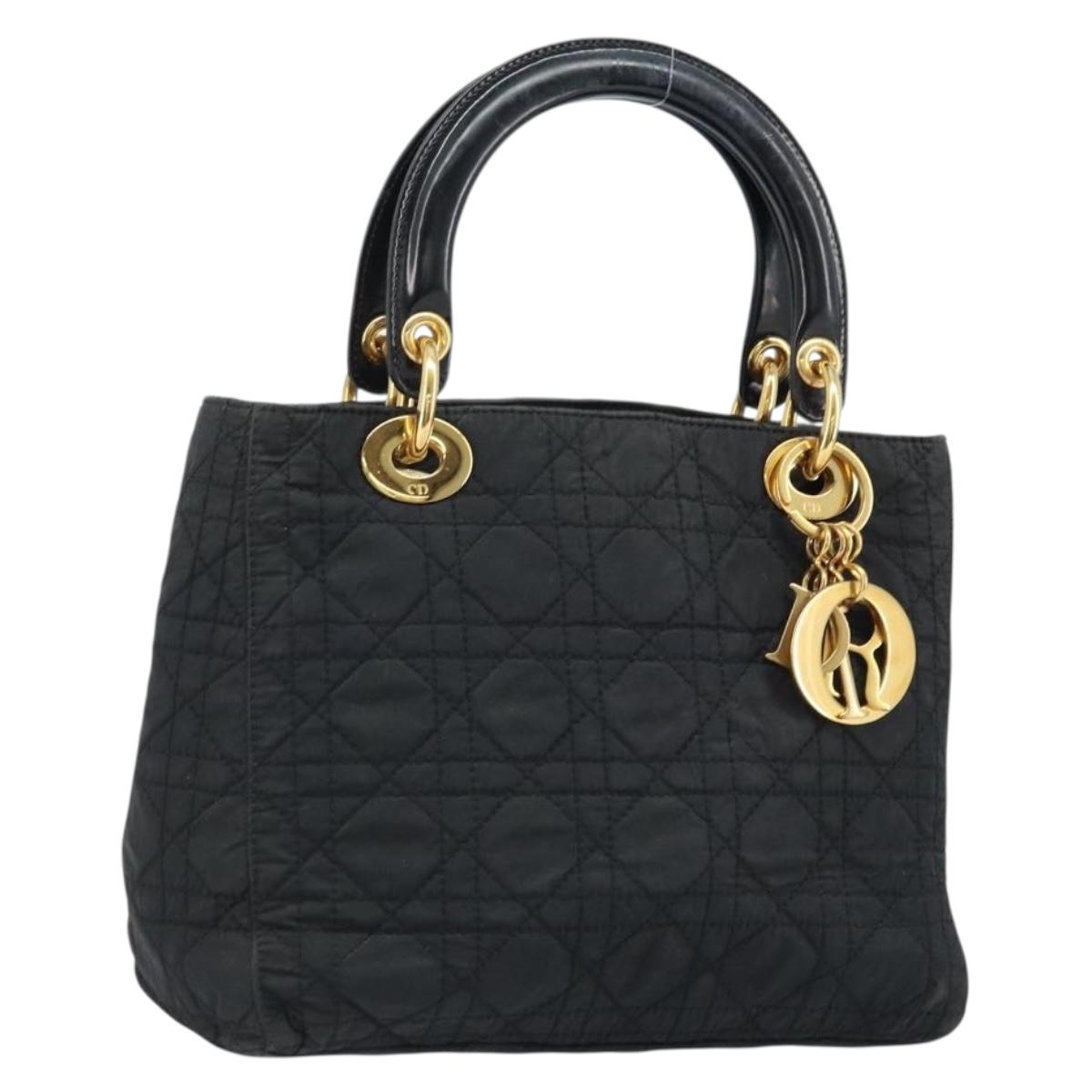 Christian Dior Lady Dior Hand Bag Nylon Black Gold Auth 174094