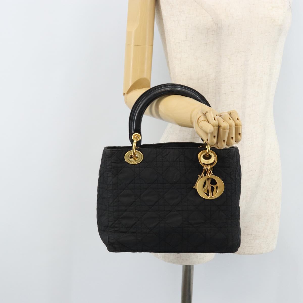 Christian Dior Lady Dior Hand Bag Nylon Black Gold Auth 174094