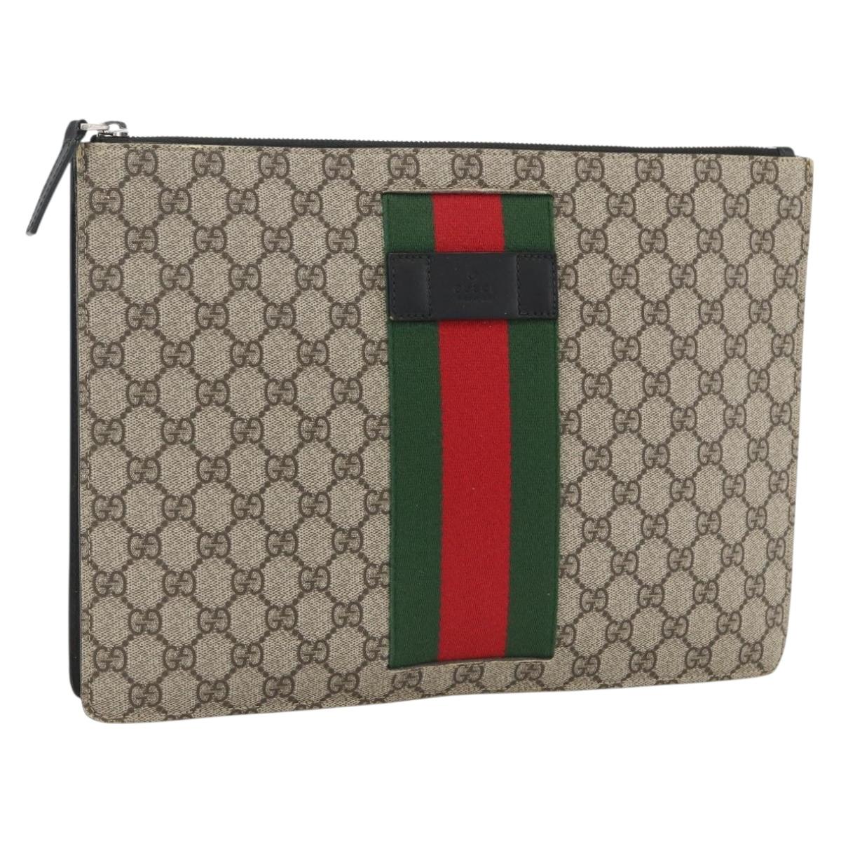 GUCCI GG Supreme Clutch Bag PVC Beige Silver 433665 Auth 174135A