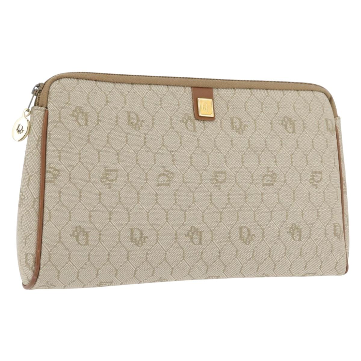 Christian Dior Honeycomb Canvas Clutch Bag Beige Gold Auth 174136A