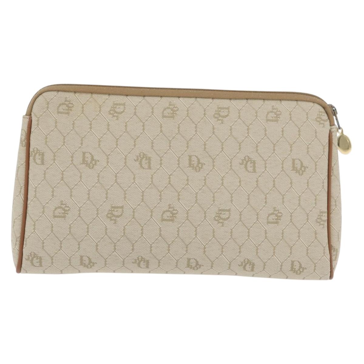 Christian Dior Honeycomb Canvas Clutch Bag Beige Gold Auth 174136A