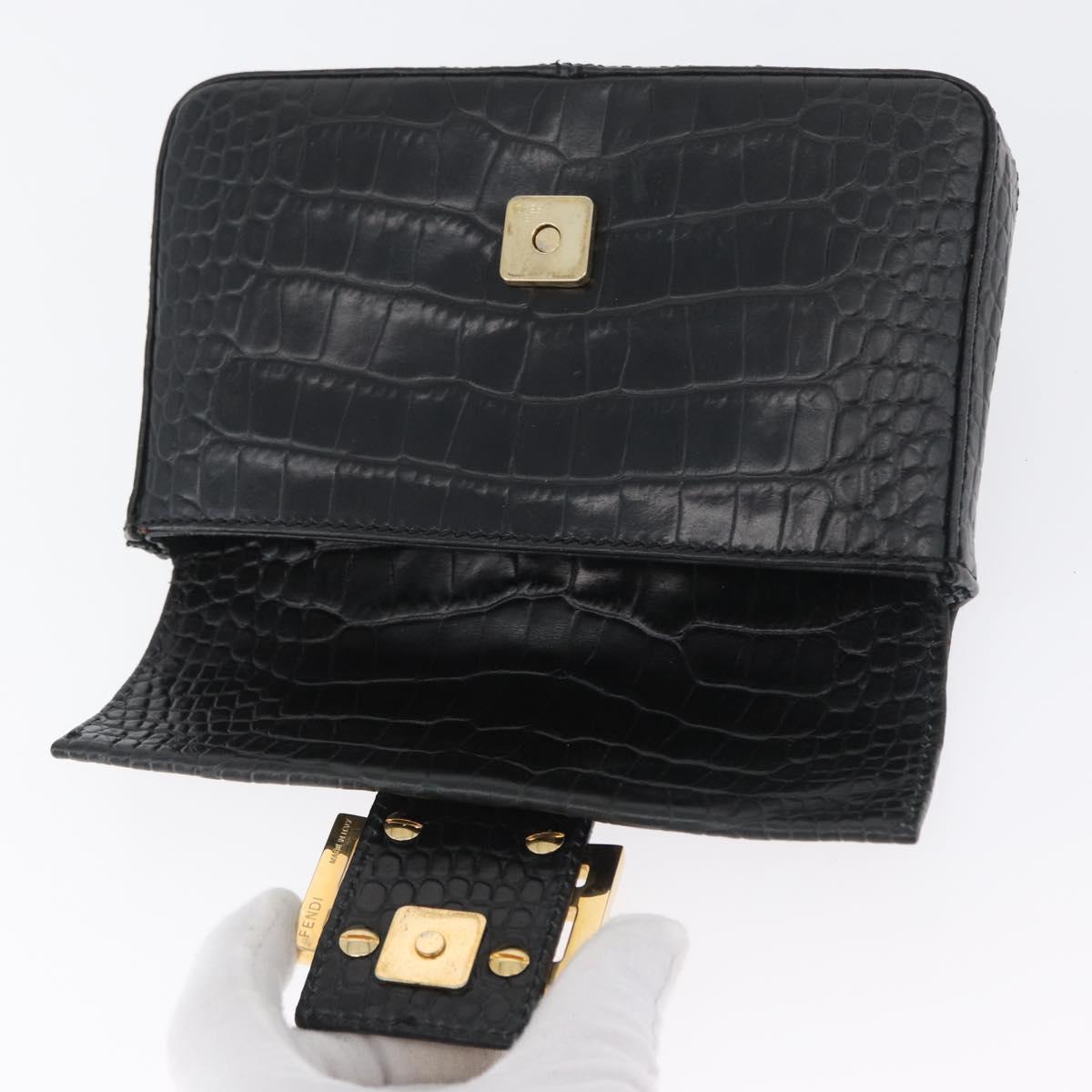 FENDI Mamma Baguette Pouch Leather Black Gold Auth 174141A