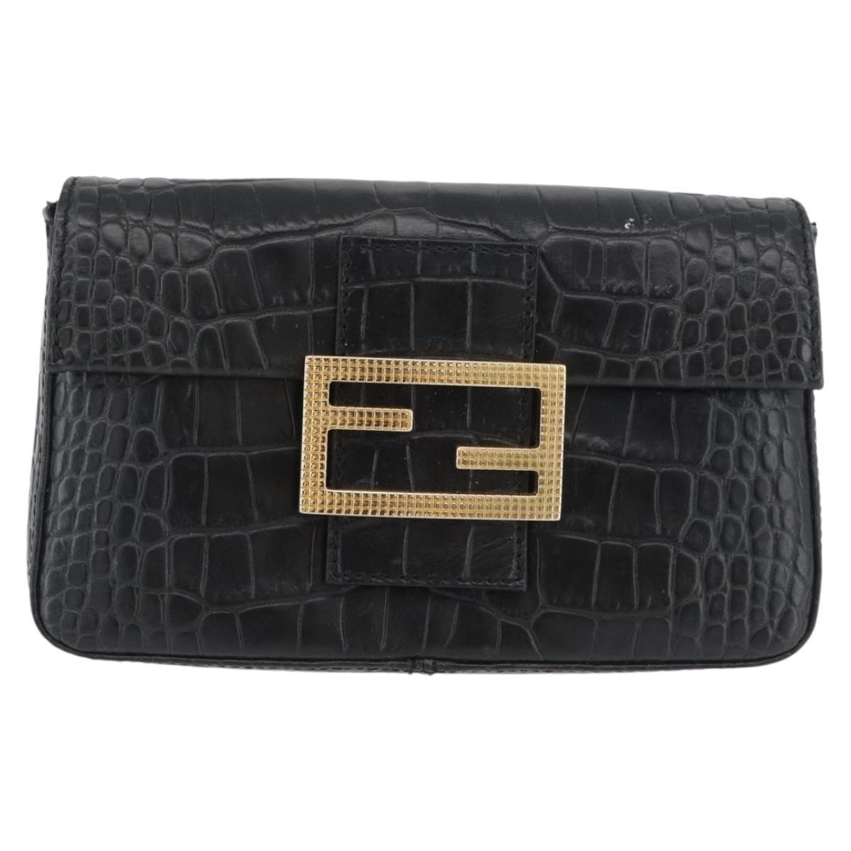 FENDI Mamma Baguette Pouch Leather Black Gold Auth 174141A