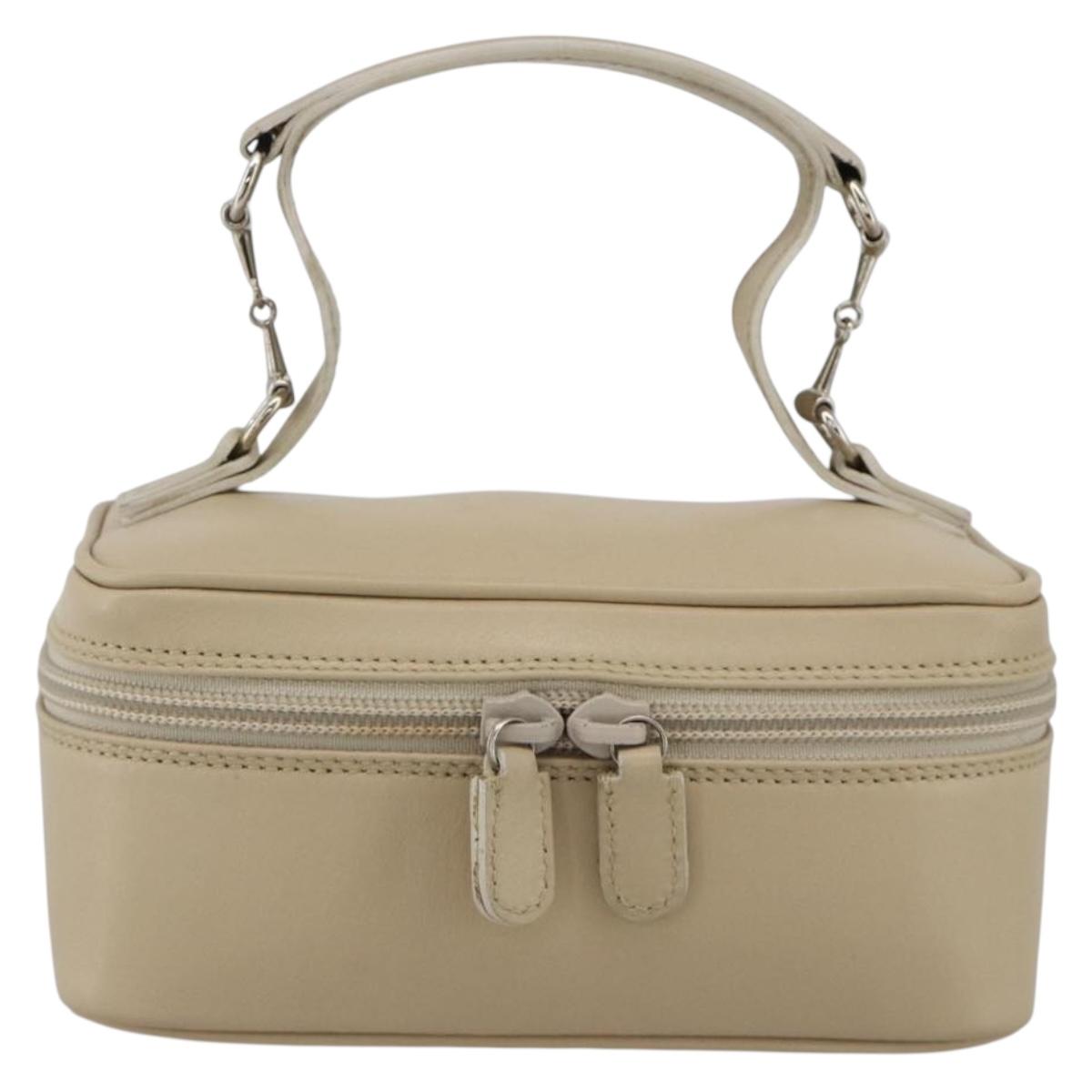 GUCCI Horsebit Vanity Hand Bag Leather Beige Silver 032 1956 0141 Auth 174163