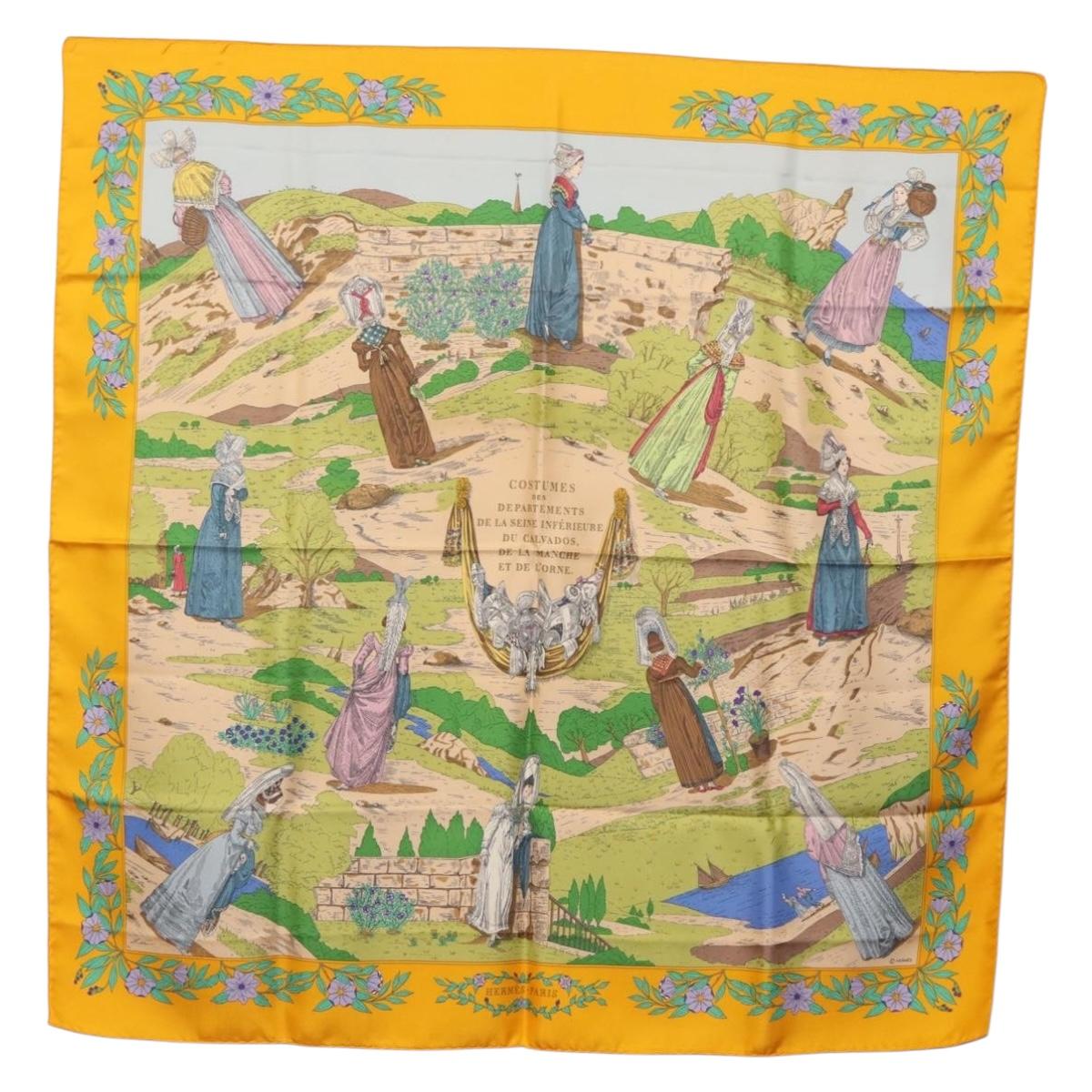 HERMES Carre 90 Scarf ""COSTUMES DES DEPARTEMENTS"" Silk Yellow Auth 174178A