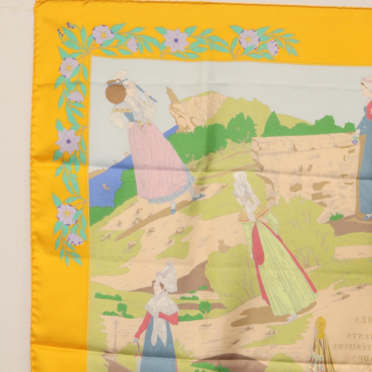 HERMES Carre 90 Scarf ""COSTUMES DES DEPARTEMENTS"" Silk Yellow Auth 174178A