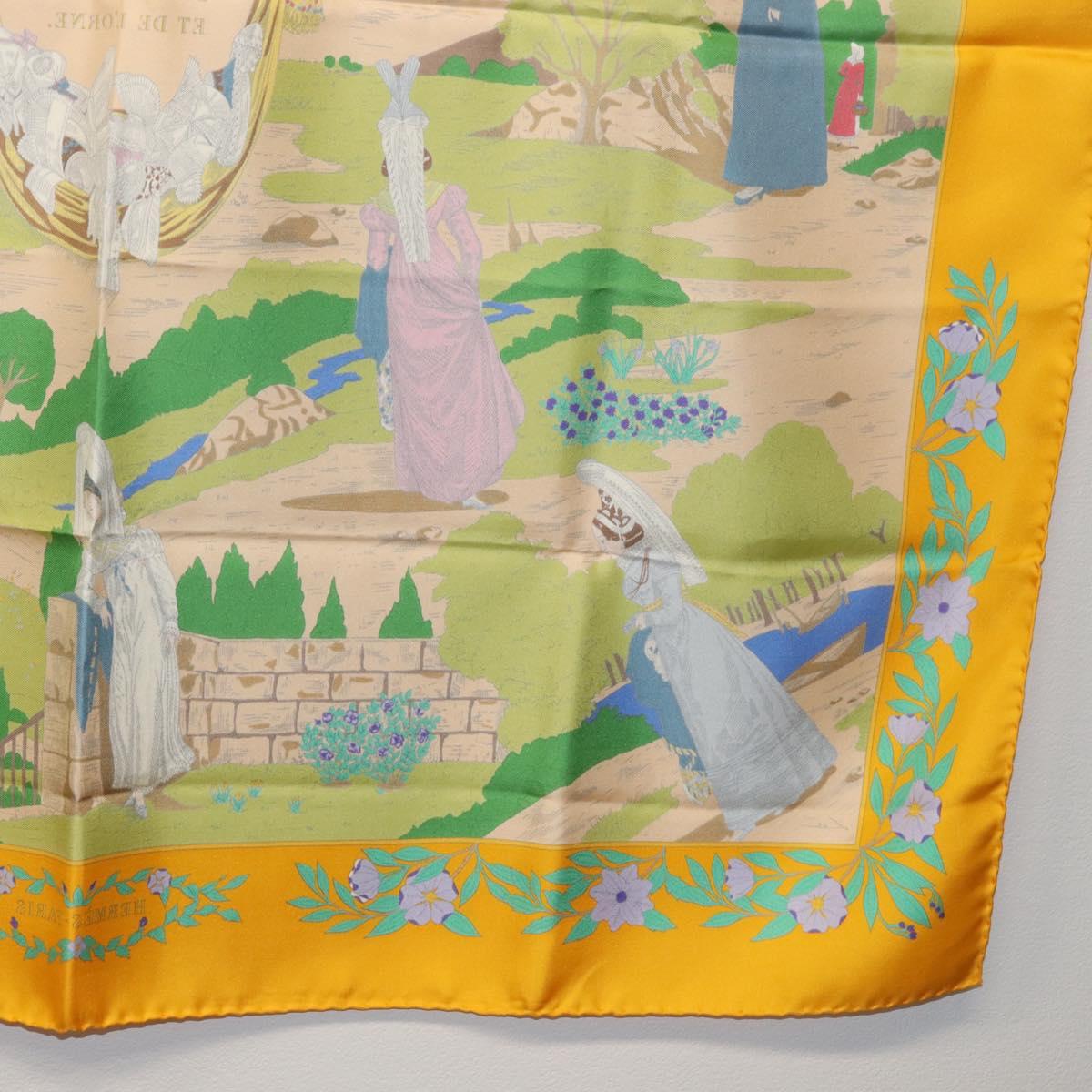 HERMES Carre 90 Scarf ""COSTUMES DES DEPARTEMENTS"" Silk Yellow Auth 174178A