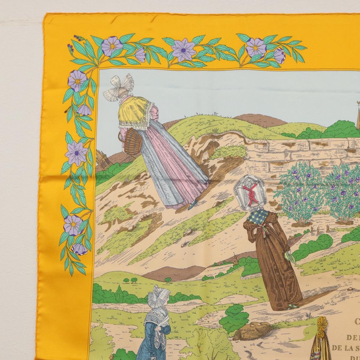 HERMES Carre 90 Scarf ""COSTUMES DES DEPARTEMENTS"" Silk Yellow Auth 174178A