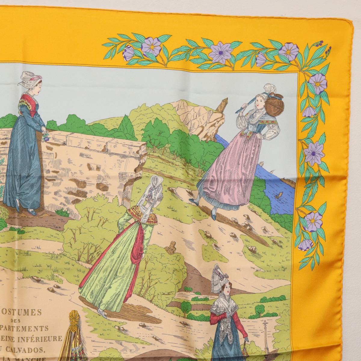 HERMES Carre 90 Scarf ""COSTUMES DES DEPARTEMENTS"" Silk Yellow Auth 174178A