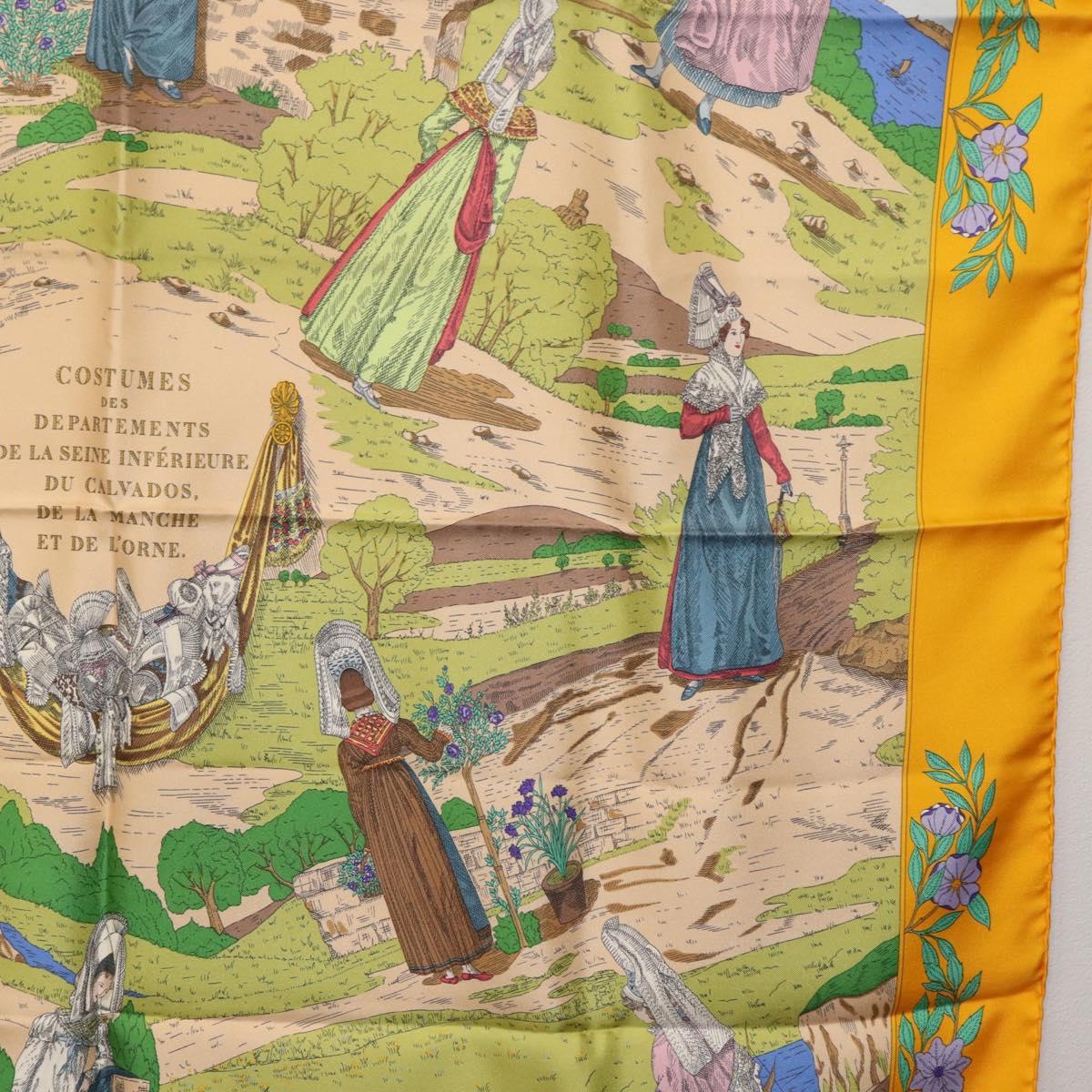 HERMES Carre 90 Scarf ""COSTUMES DES DEPARTEMENTS"" Silk Yellow Auth 174178A