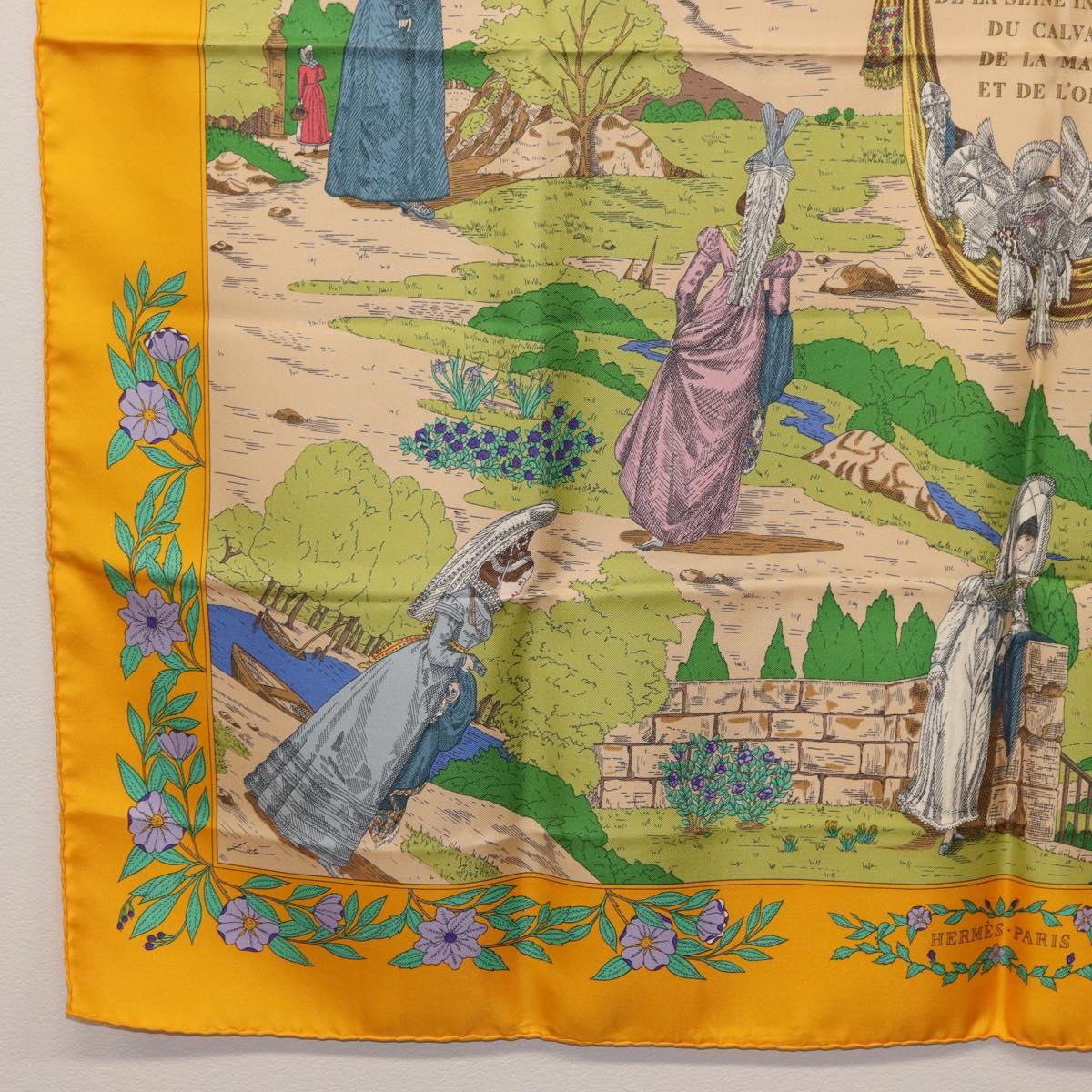 HERMES Carre 90 Scarf ""COSTUMES DES DEPARTEMENTS"" Silk Yellow Auth 174178A