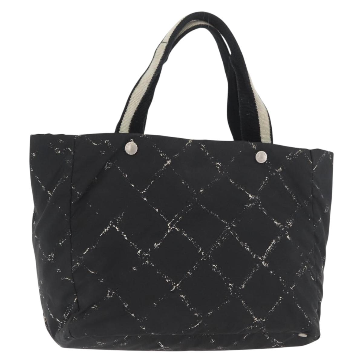 CHANEL Travel Line Hand Bag Nylon Black Silver CC Auth 174187