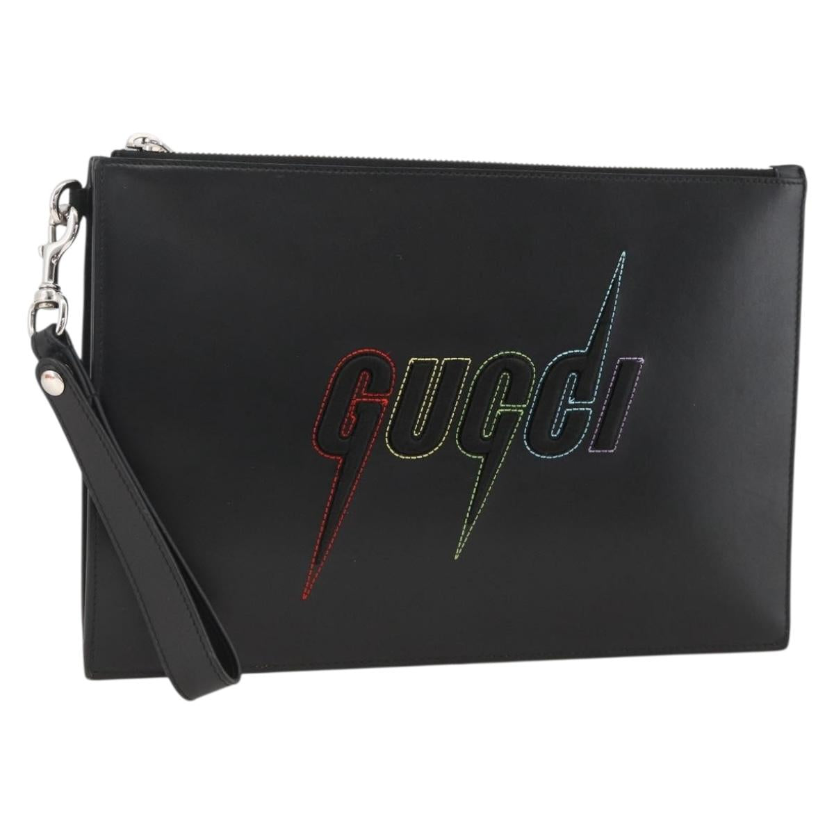 GUCCI Clutch Bag Leather Black Silver 597678 Auth 174204A