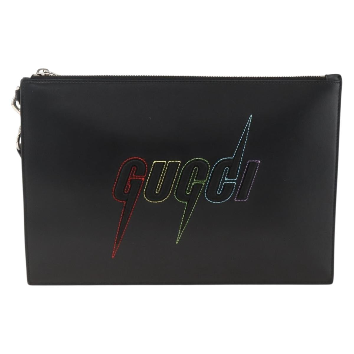 GUCCI Clutch Bag Leather Black Silver 597678 Auth 174204A