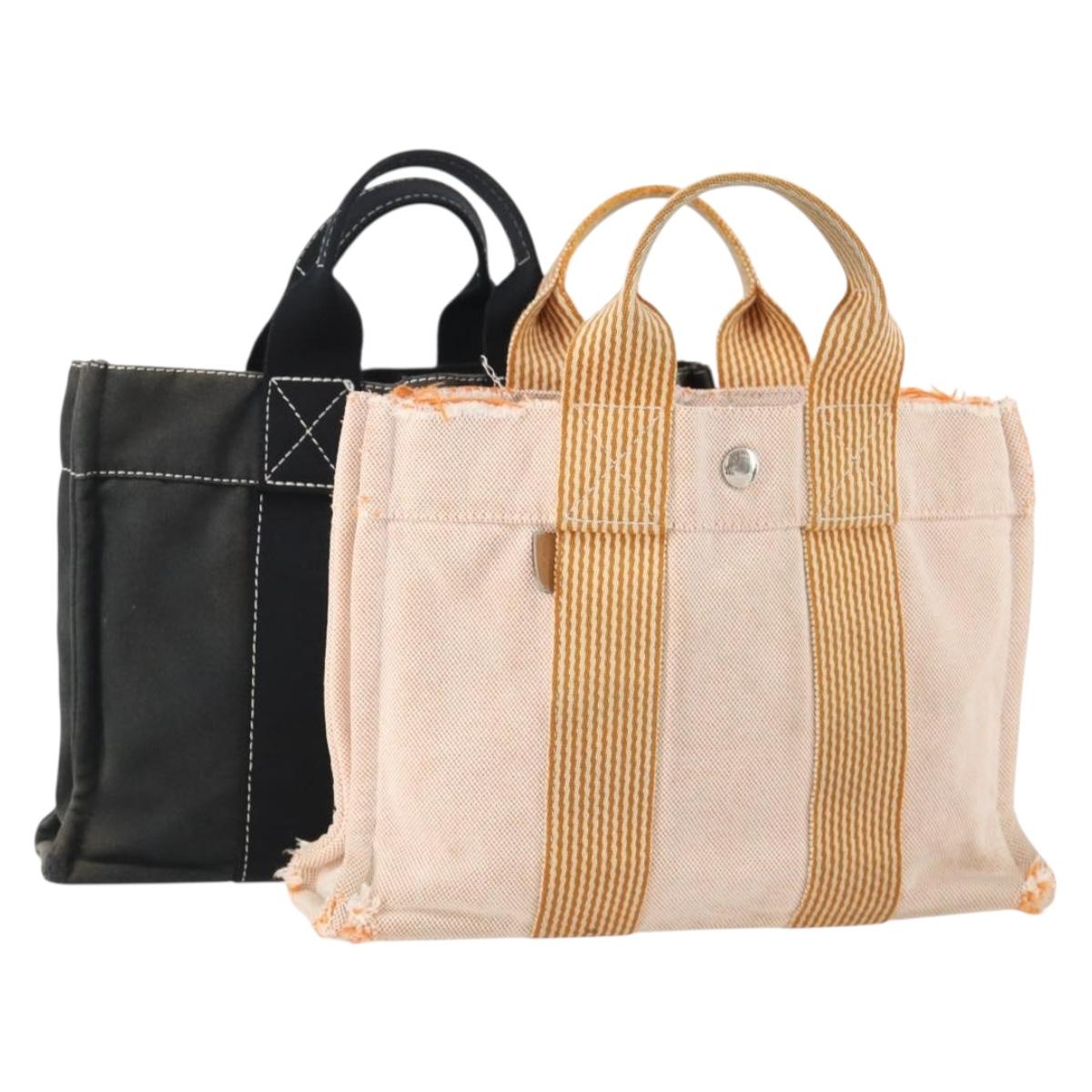 HERMES Fourre Tout PM Hand Bag Canvas 2 Set Orange Black Auth 174217